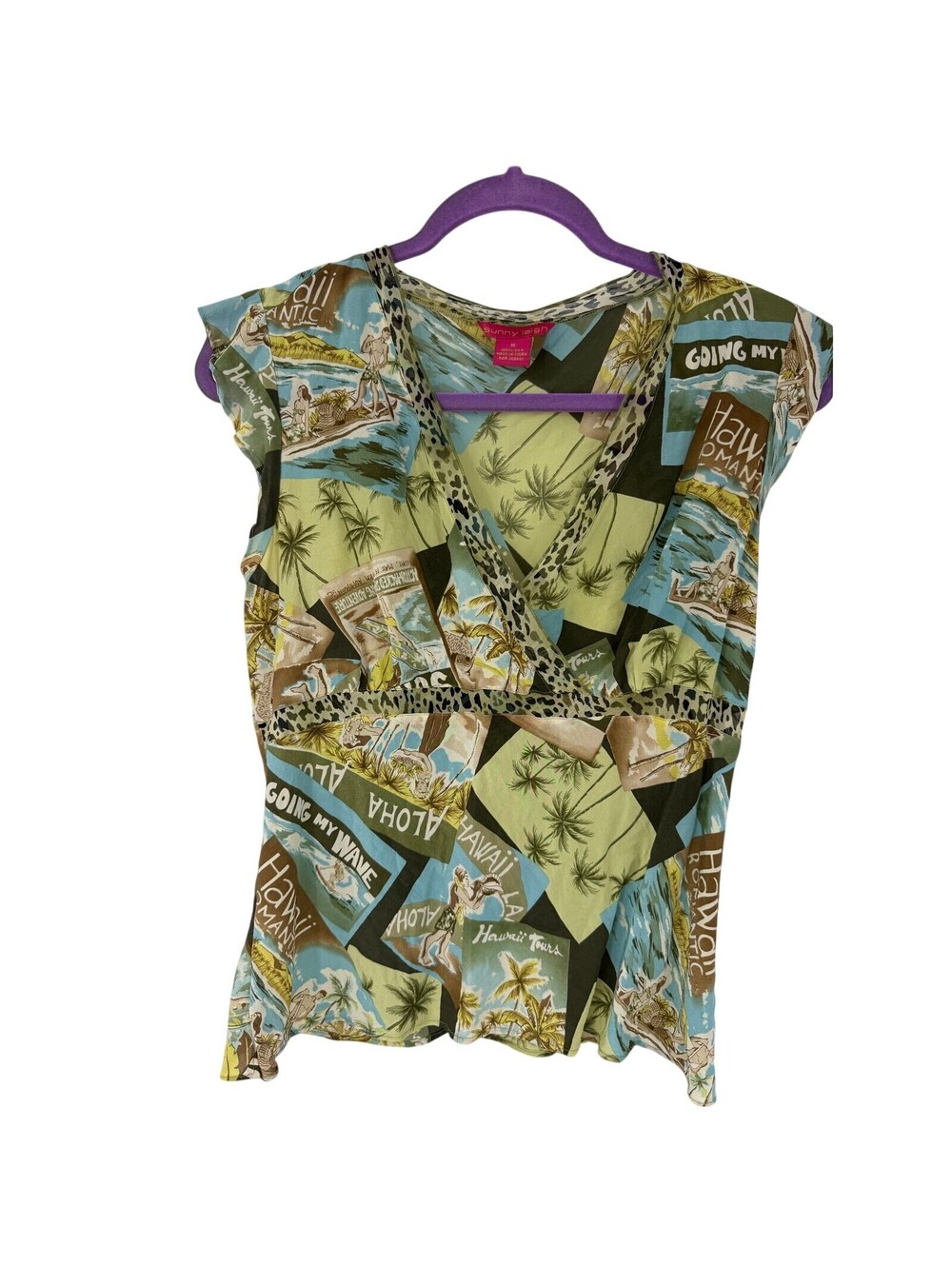 Sunny Leigh 100% Silk Hawaiian Aloha Postcard Print Faux Wrap Top M Novelty